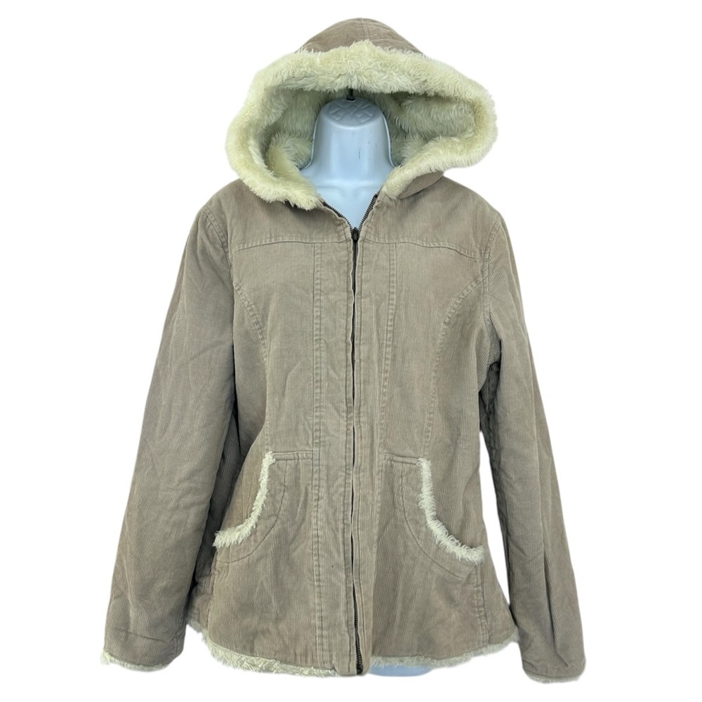 Deb Vintage 90s Y2K Tan Corduroy Jacket with Cream Faux Fur Trim L/XL